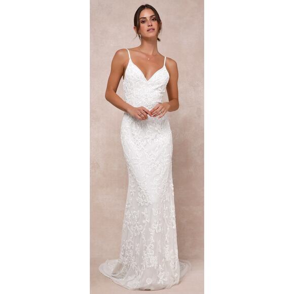 lulus beaded wedding dress Love Perfection White Lace Tulle Pearl Beaded Maxi Dress